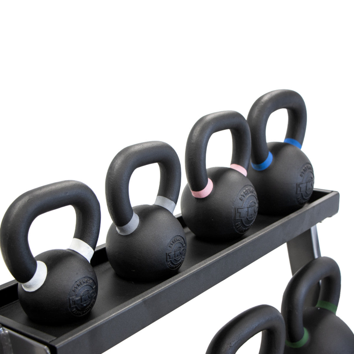 TKO S856-PKB4-36 Set of black kettlebells on a rack with a white background