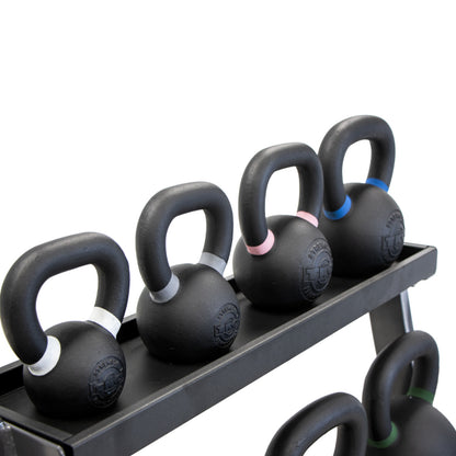 TKO S856-PKB4-36 Set of black kettlebells on a rack with a white background