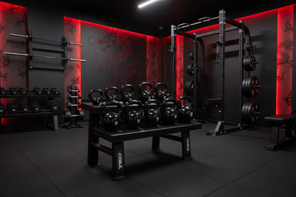 Gym interior with kettlebells, weight racks, and red accent lighting.
