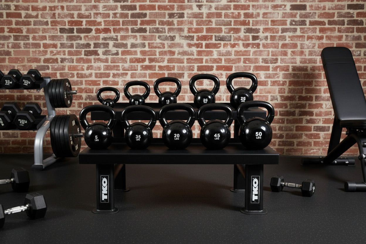 Set of TKO kettlebells on a rack with a brick wall background