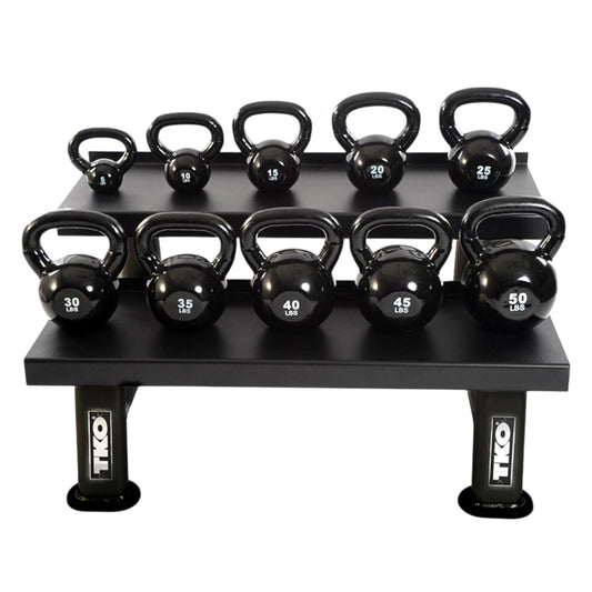 TKO S859-KBV5-50 5-50lb vinyl kettlebell set w/ 2 tier rack on white background
