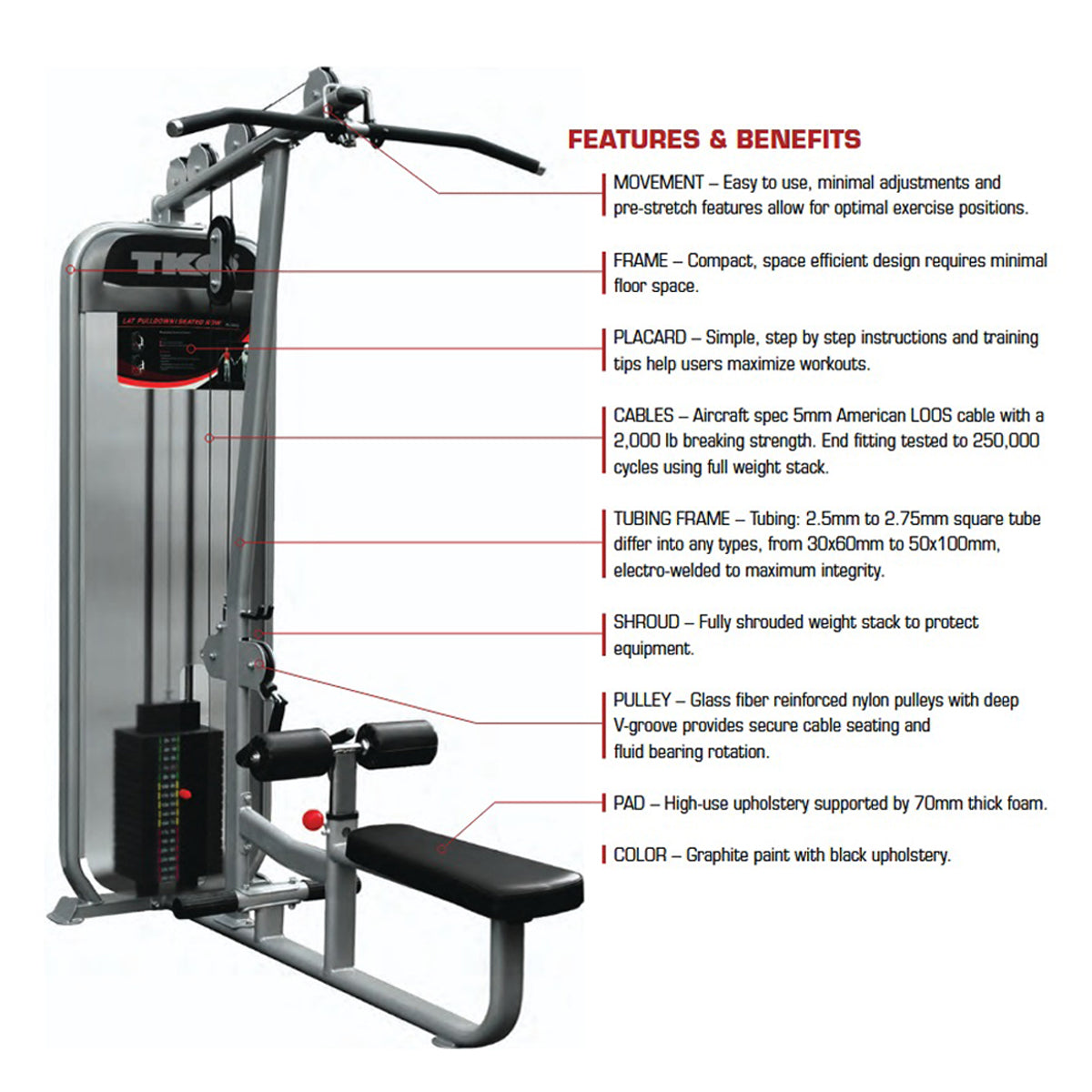 TKO 8801 Achieve Dual Lat Pulldown / Mid-Row on white background showing features