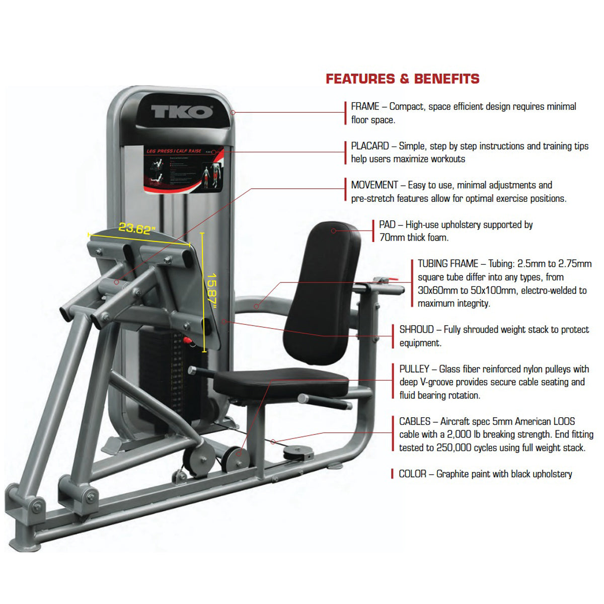 TKO 8805 Achieve Dual Leg / Calf Press features on white background