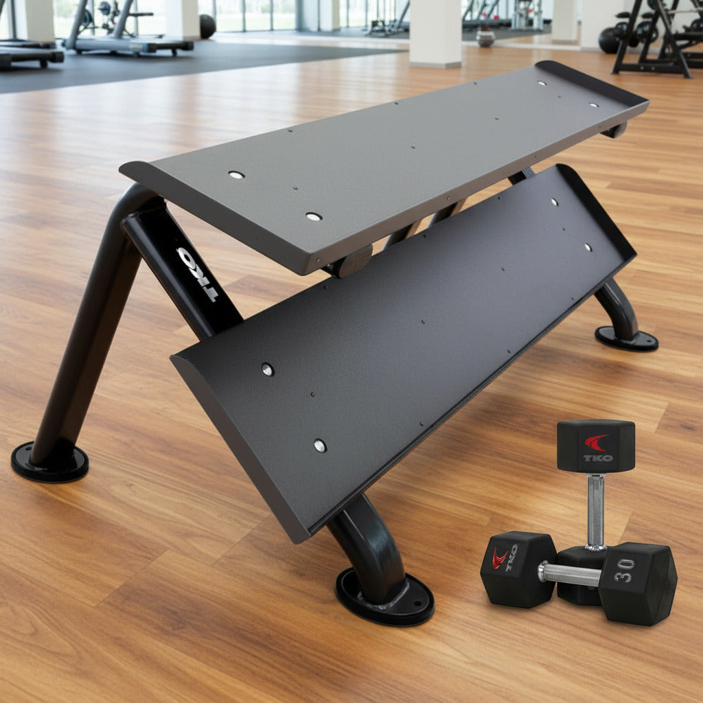 TKO 889HDR-BK rack with dumbbell side view gym setting on wood floor
