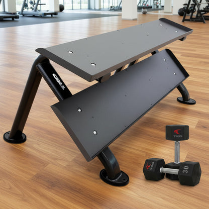 TKO 889HDR-BK rack with dumbbell side view gym setting on wood floor