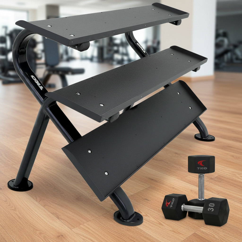 TKO 890HDR-BK rack with dumbbell side view gym setting