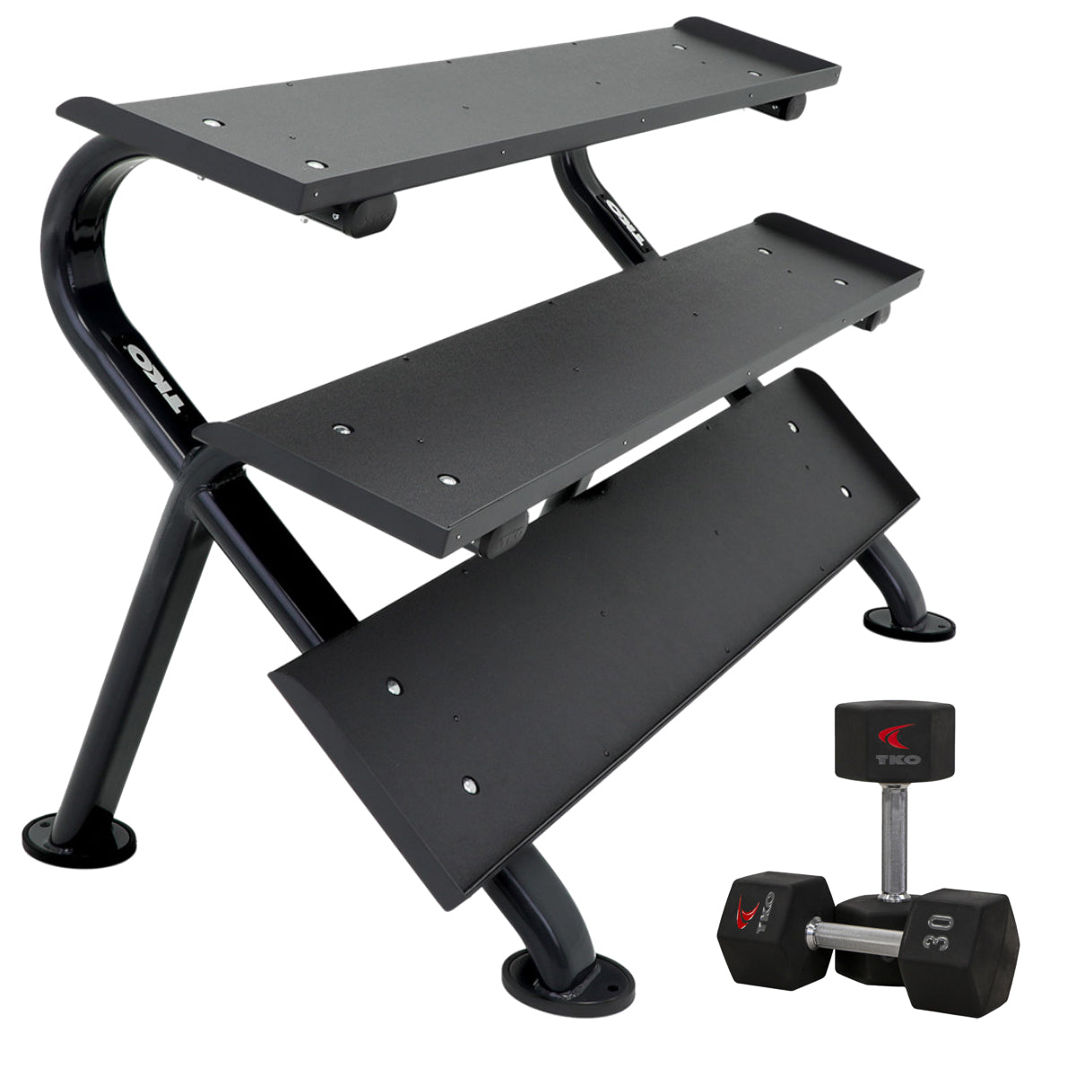TKO 890HDR-BK rack with dumbbell side view on white background