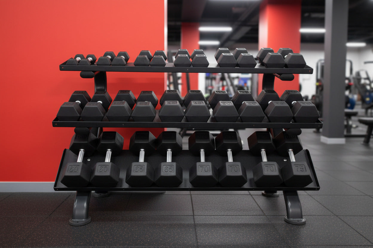 TKO S890-TXRE15 5 to 75LB Tri-Grip Rubber Hex Dumbbell Set w/Rack in gym with red walls