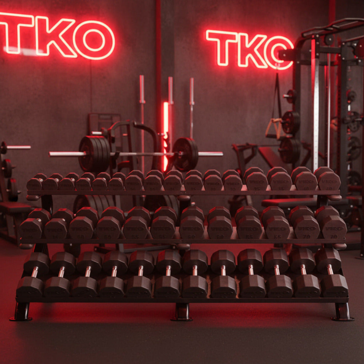 TKO 891HDR-BK 3-Tier Horizontal Mega Shelf Rack with dumbbells in gym