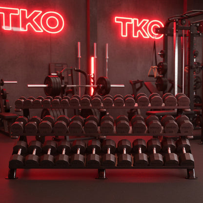 TKO 891HDR-BK 3-Tier Horizontal Mega Shelf Rack with dumbbells in gym