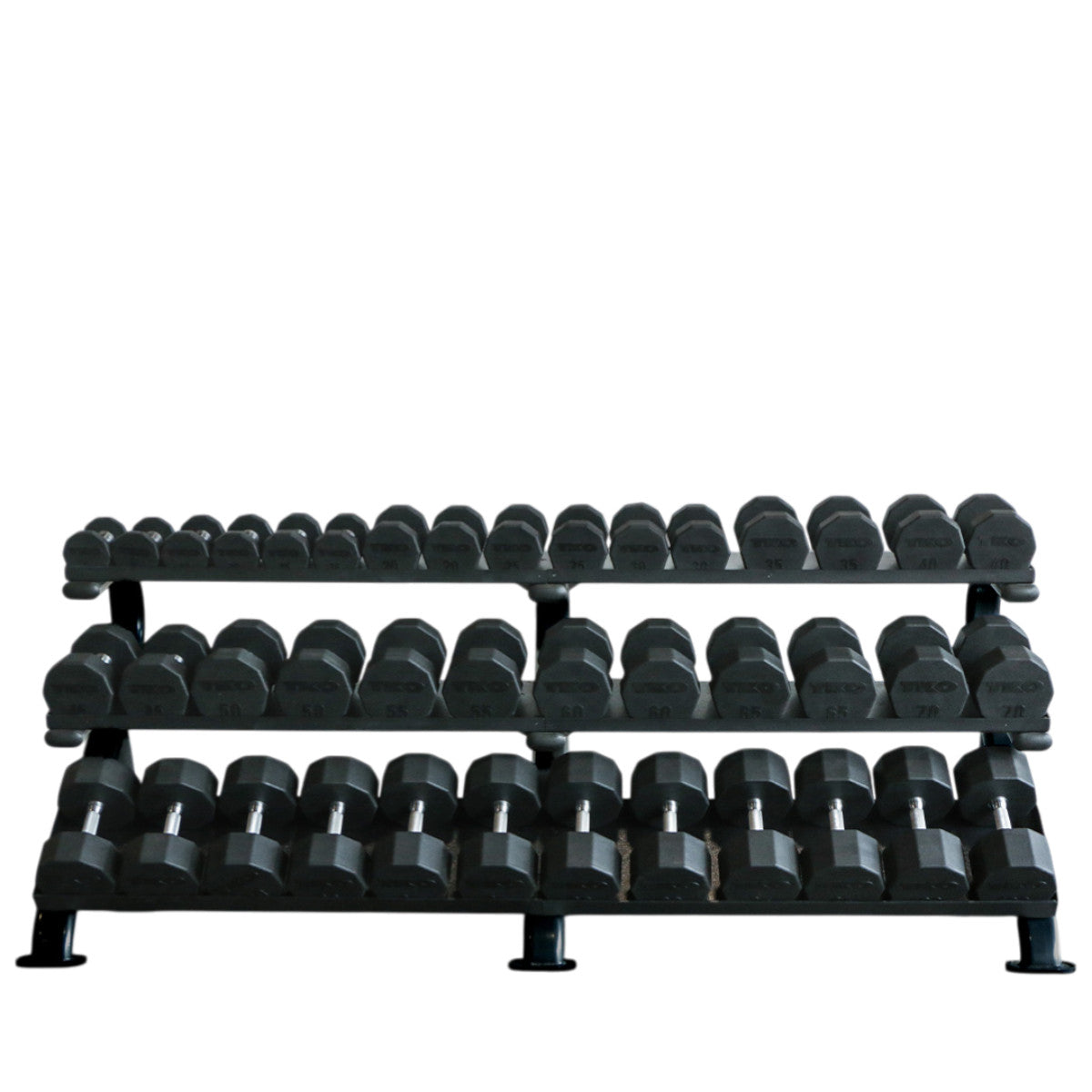 TKO 891HDR-BK 3-Tier Horizontal Mega Shelf Rack with dumbbells on white background