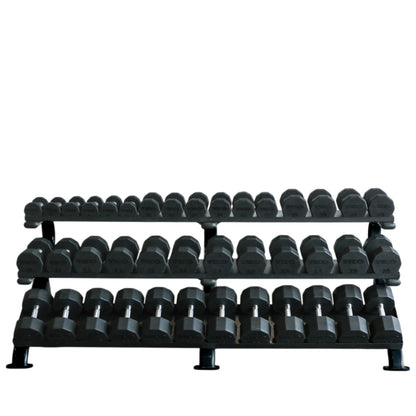 TKO 891HDR-BK 3-Tier Horizontal Mega Shelf Rack with dumbbells on white background