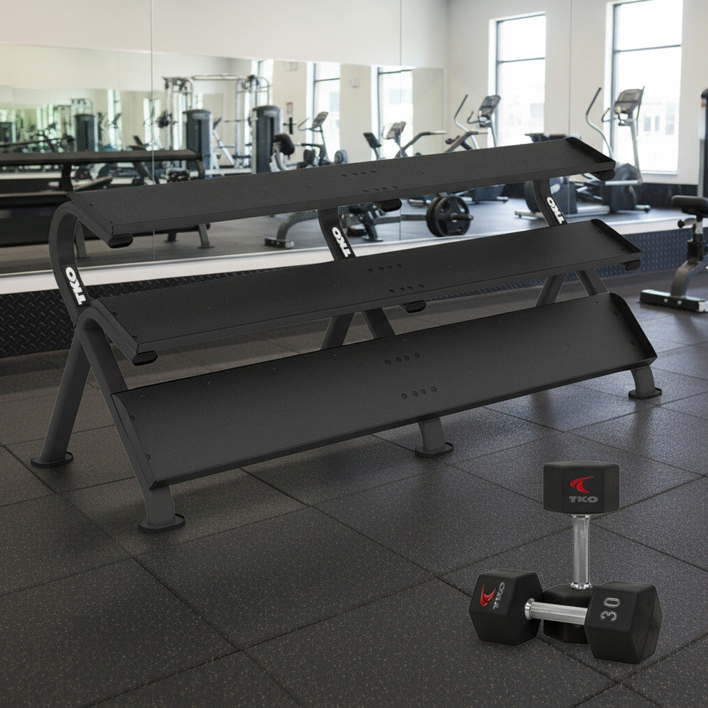 TKO 890HDR-BK rack with dumbbell angle view in gym setting