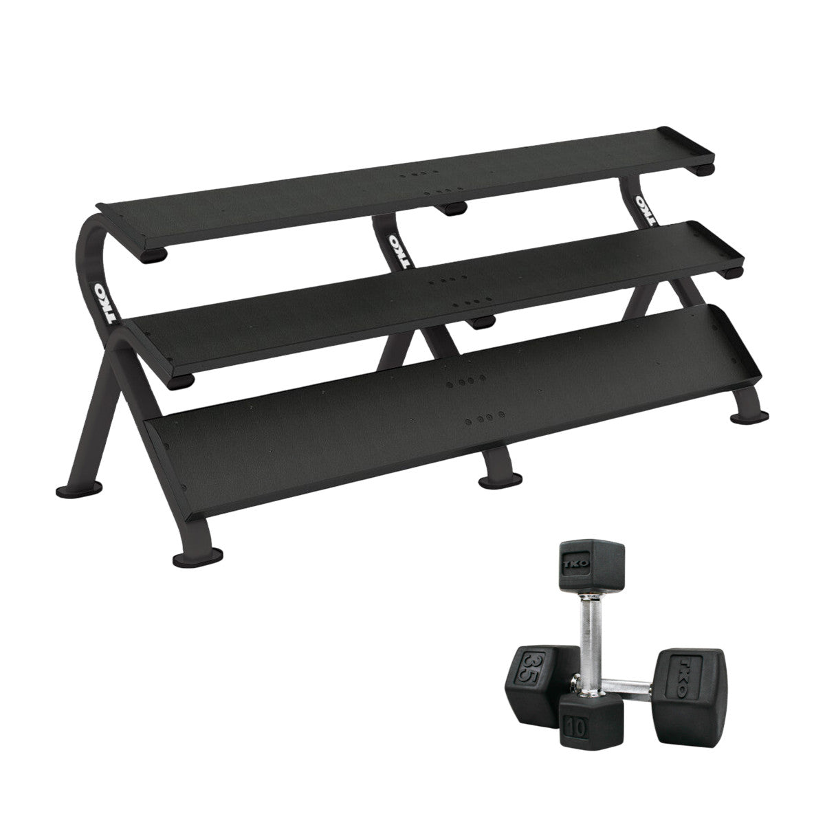 TKO S891-TXR-E20 5 to 100LB Tri-Grip Rubber Hex Dumbbell Set w/Rack on white background