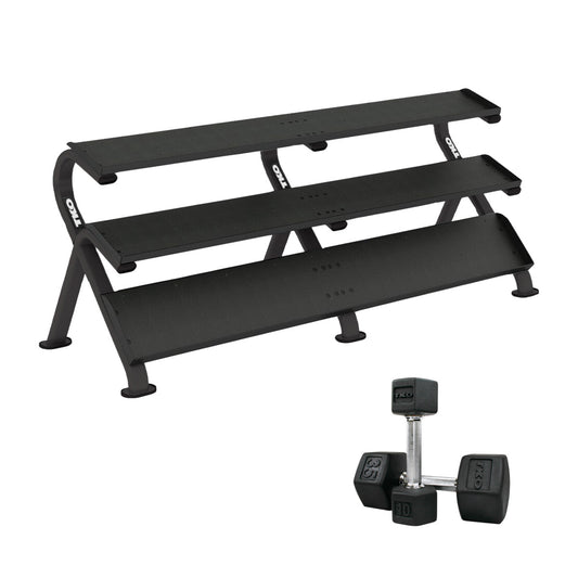 TKO S891-TXR-E20 5 to 100LB Tri-Grip Rubber Hex Dumbbell Set w/Rack on white background