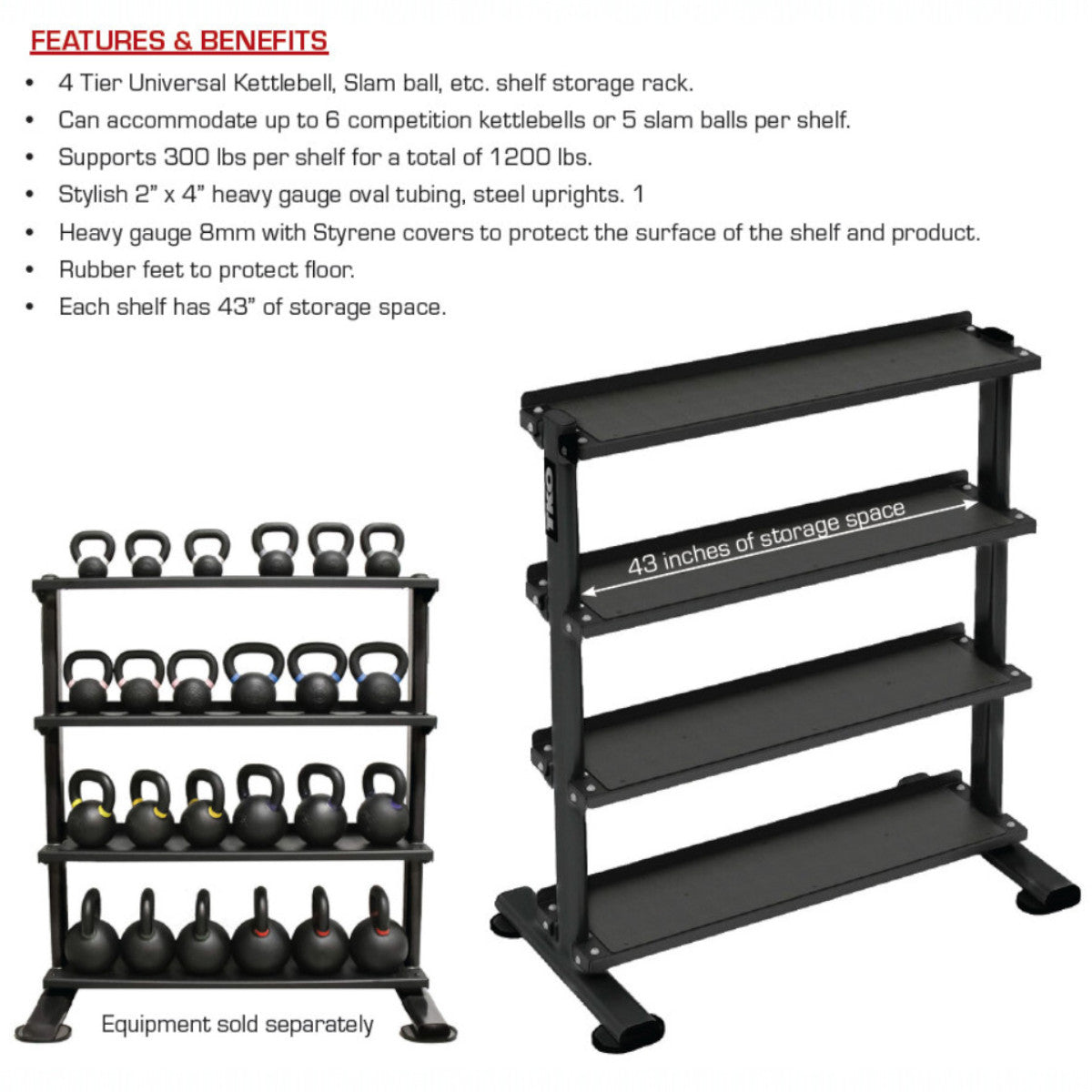 TKO 895KR-4B 4 Tier Universal Vertical Kettlebell & Storage Rack info