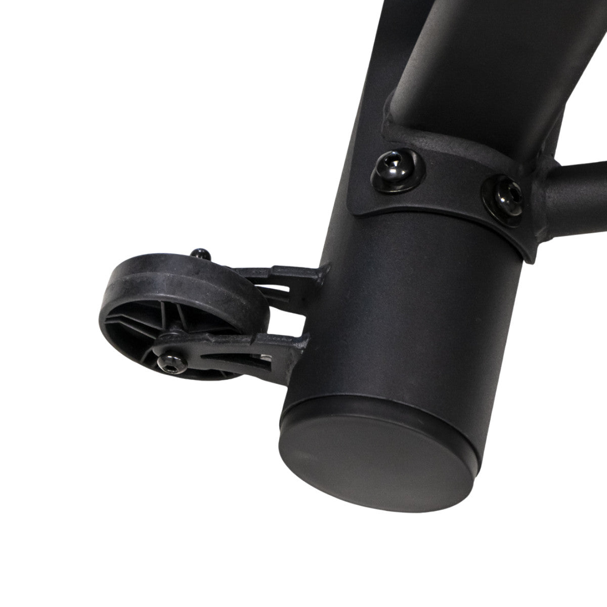 TKO 8AB Bike Close-up of a black bicycle frame with a hub and wheel on a white background