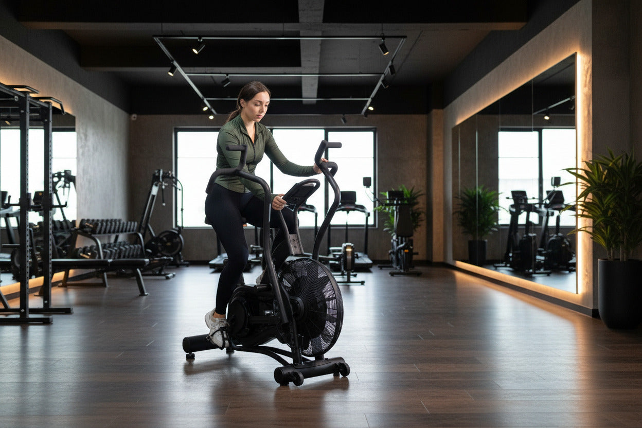 Woman using TKO 8AB AirRaid Bike in a gym setting