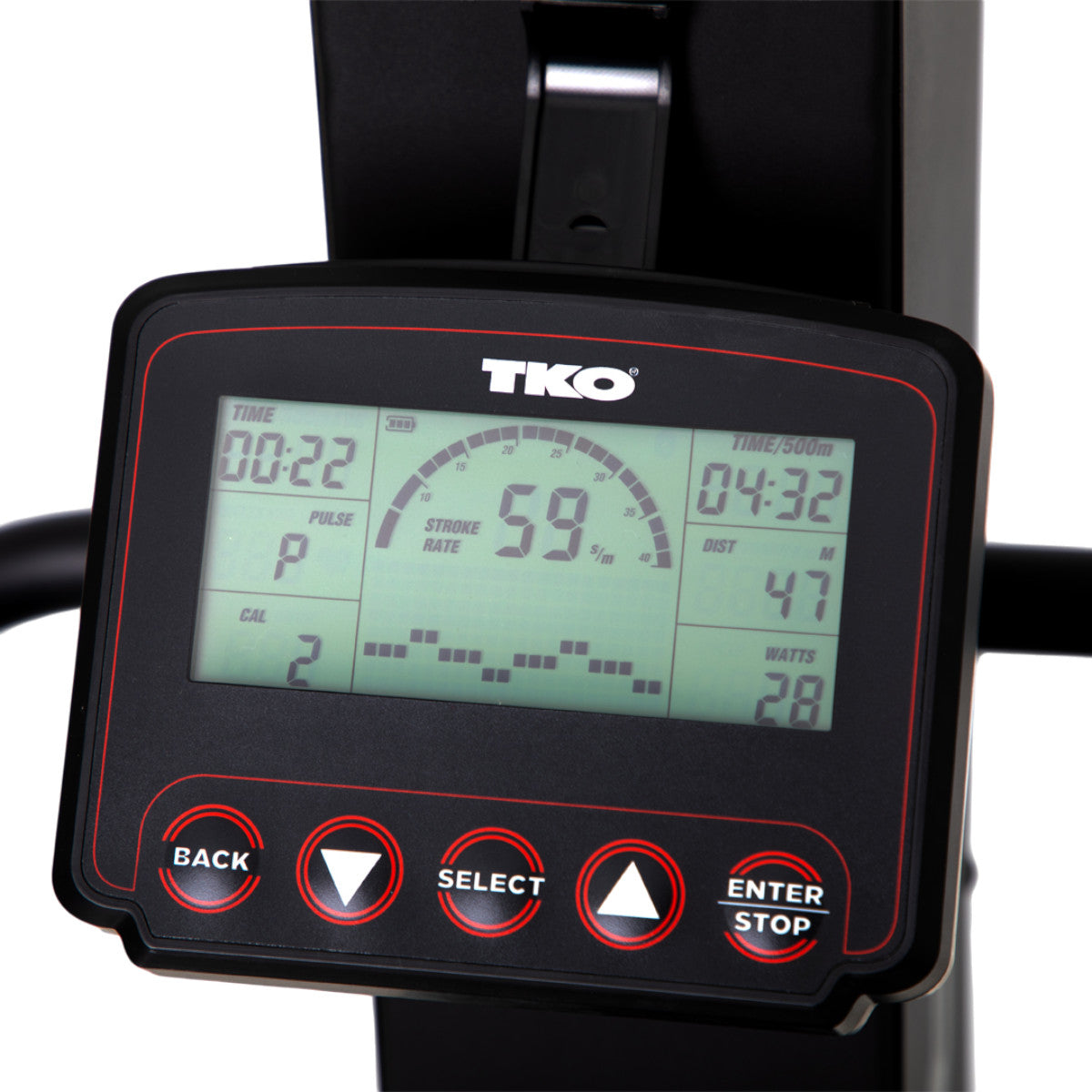 Digital display of a TKO TKO 8ASKI AirRaid Ski Trainer with various metrics on a white background
