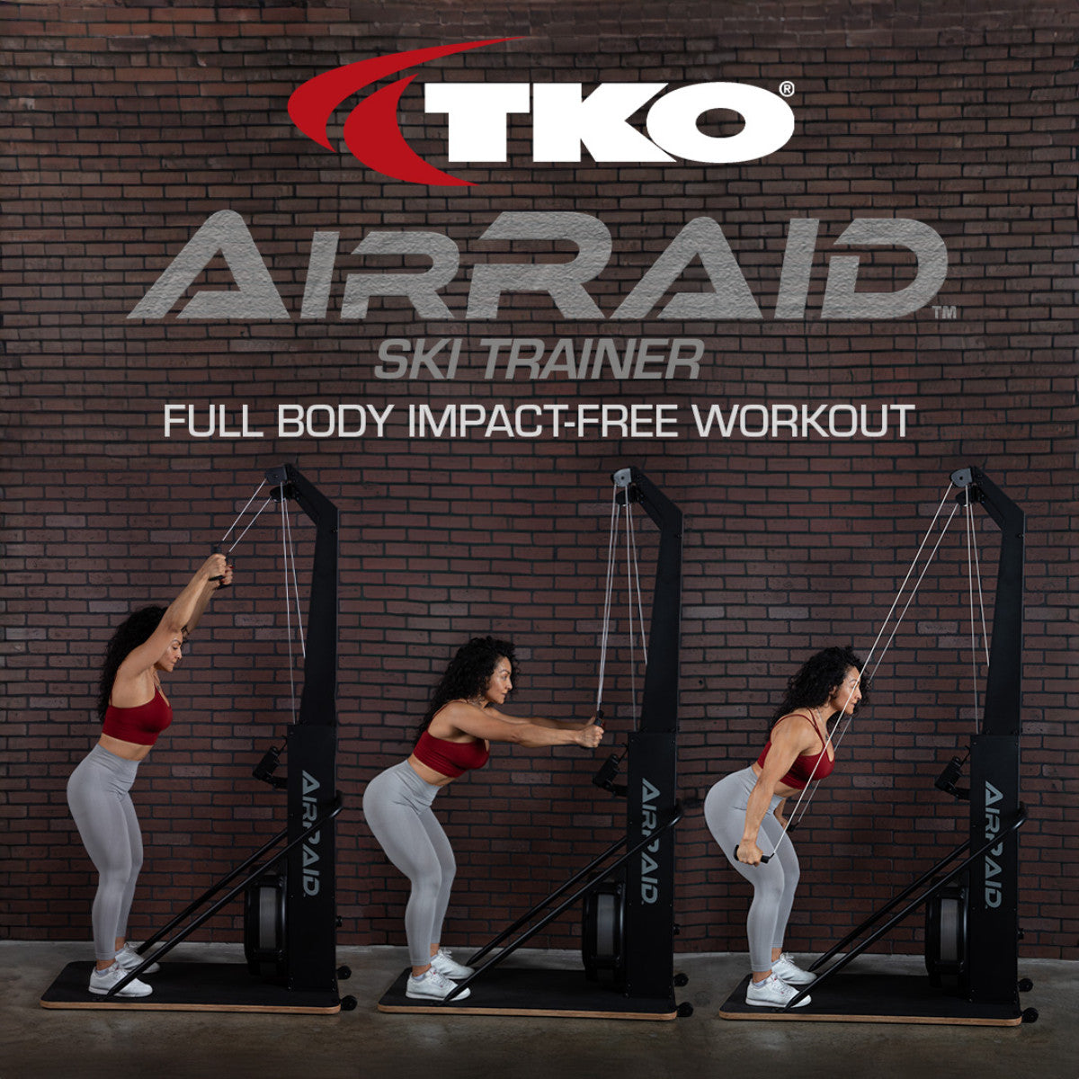 Person using an AirRaid ski trainer with TKO branding on a brick wall background