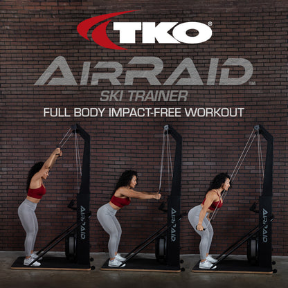 Person using an AirRaid ski trainer with TKO branding on a brick wall background