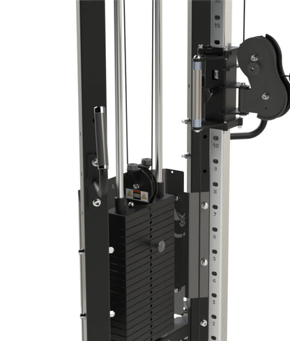 Defiant Strength MS-2 Cable Crossover handle and weight stack on white background