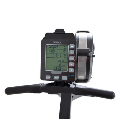 Close-up of TKO rowing machine's digital display with brand name on a white background