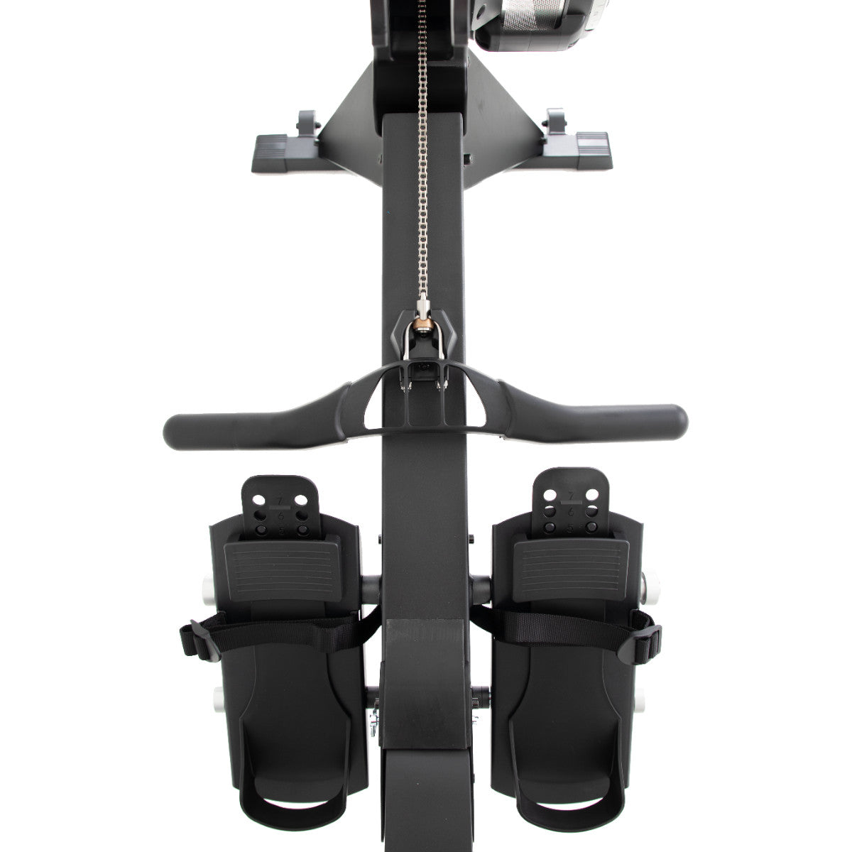 Close-up of TKO 8AR AirRaid Rower machine with black handles and foot straps on a white background