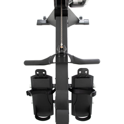 Close-up of TKO 8AR AirRaid Rower machine with black handles and foot straps on a white background
