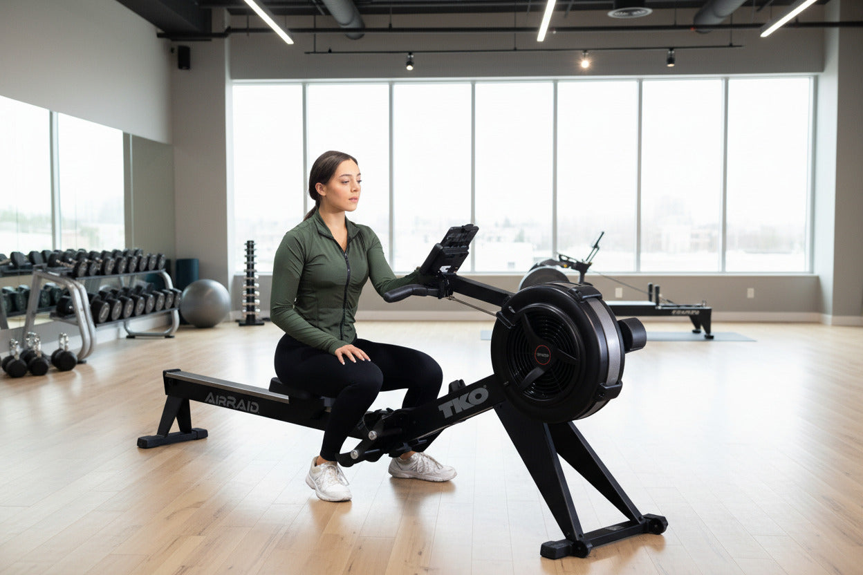 Woman using TKO 8AR AirRaid rowing machine in a gym with large windows.