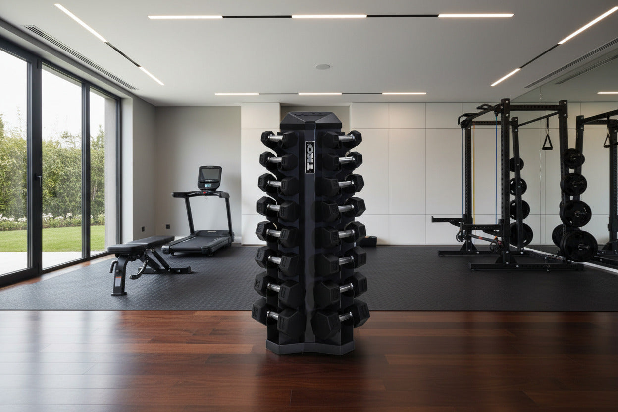 TKO S826-TXR 3 to 25 set shown with rack in home gym.