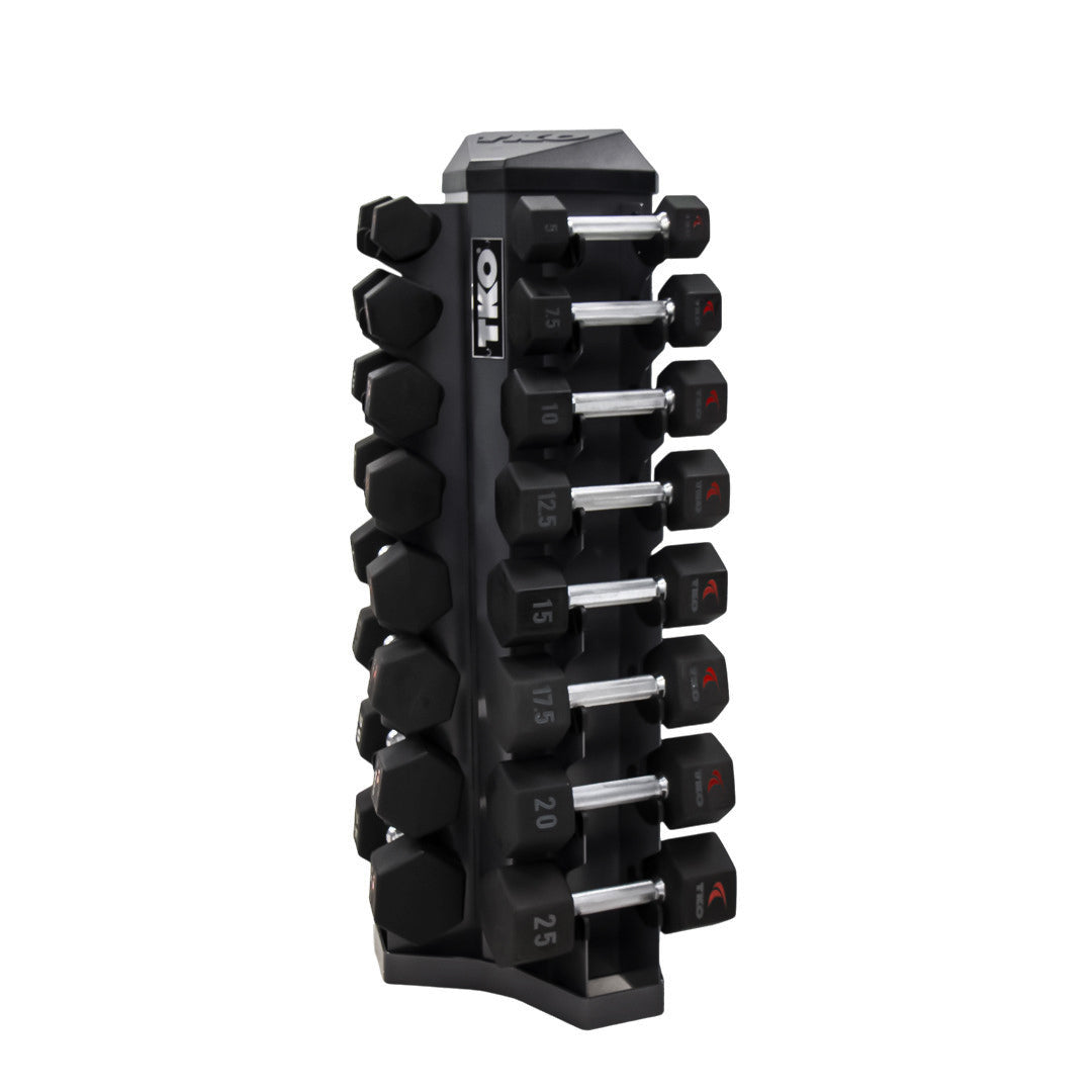 TKO Strength 816TXU 8 Pair Tri-Grip Urethane Hex Dumbbells Set with Rack on white background side view