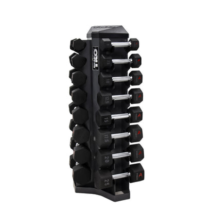 TKO Strength 816TXU 8 Pair Tri-Grip Urethane Hex Dumbbells Set with Rack on white background side view