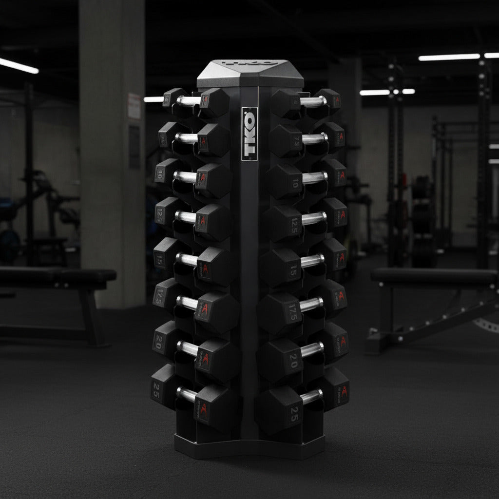 TKO Strength 816TXU 8 Pair Tri-Grip Urethane Hex Dumbbells Set with Rack shown in gym