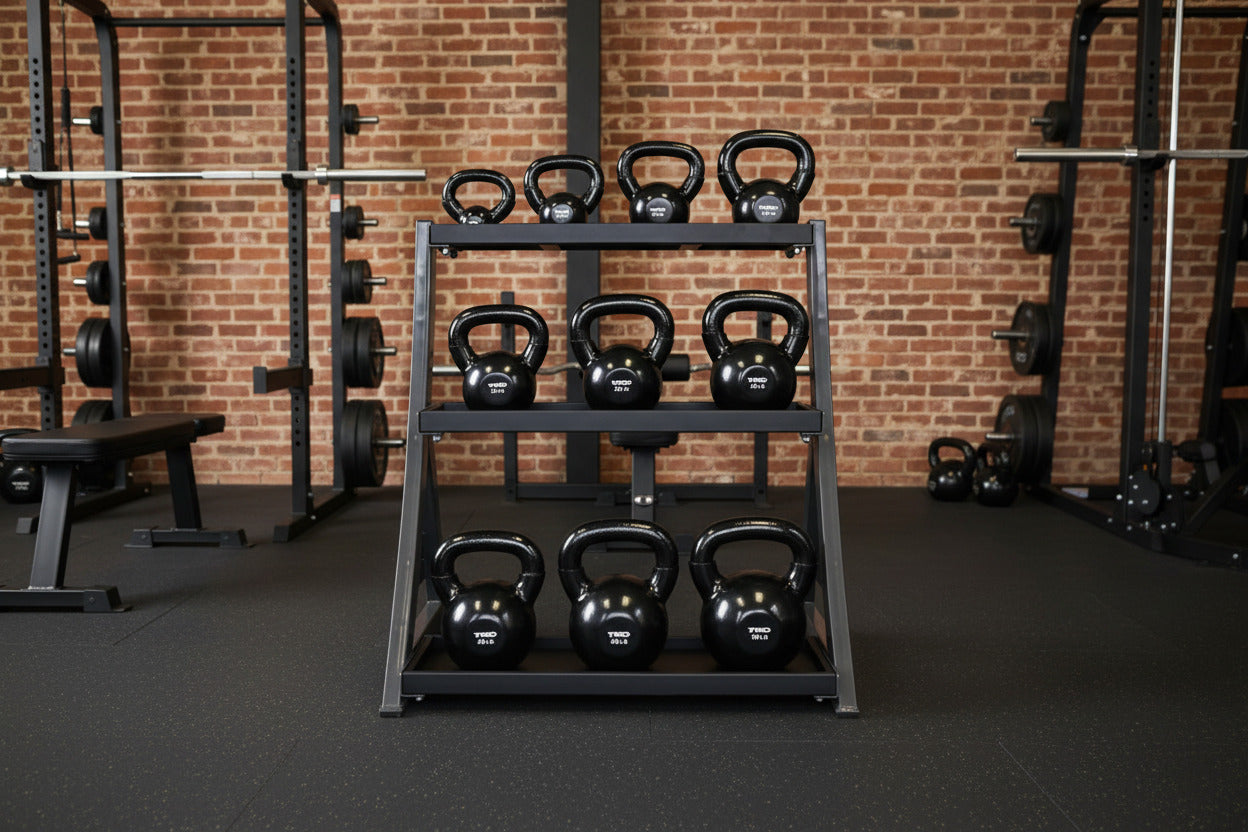 TKO S856-KBV5-50 5-50lb Vinyl Kettlebell set w/ 3 tier rack in gym