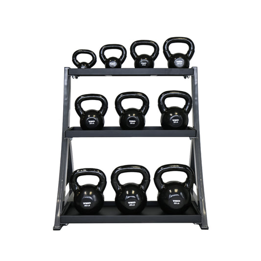 TKO S856-KBV5-50 5-50lb Vinyl Kettlebell set w/ 3 tier rack on white background