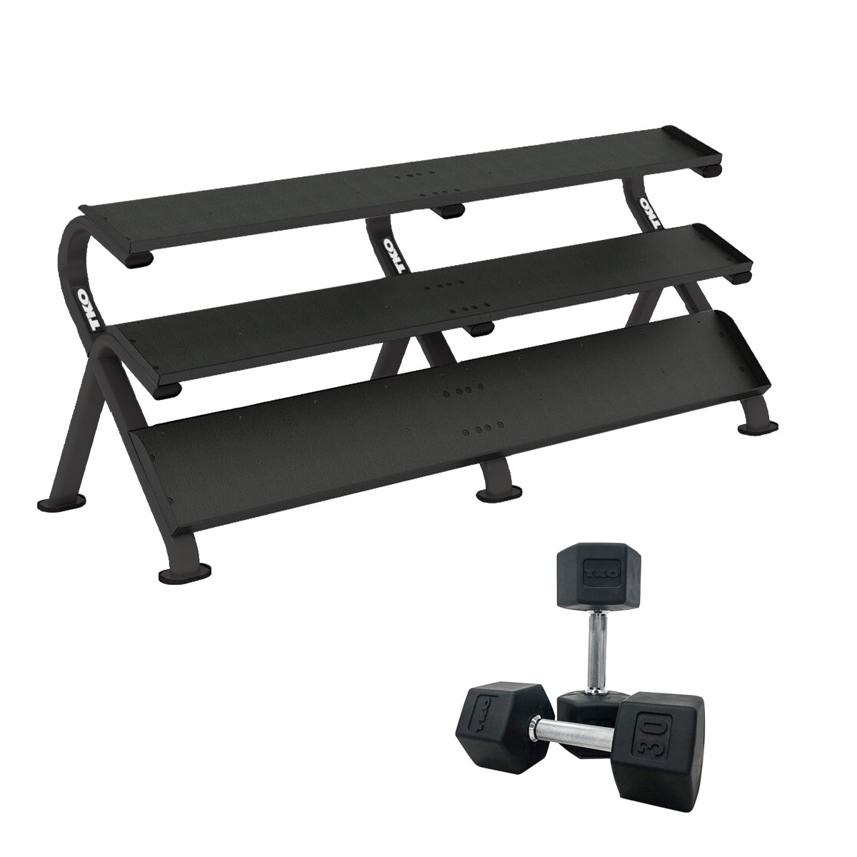 TKO S891-SXR-E20 5 to 100LB Straight Handle Rubber Hex Dumbbells w/Rack white background