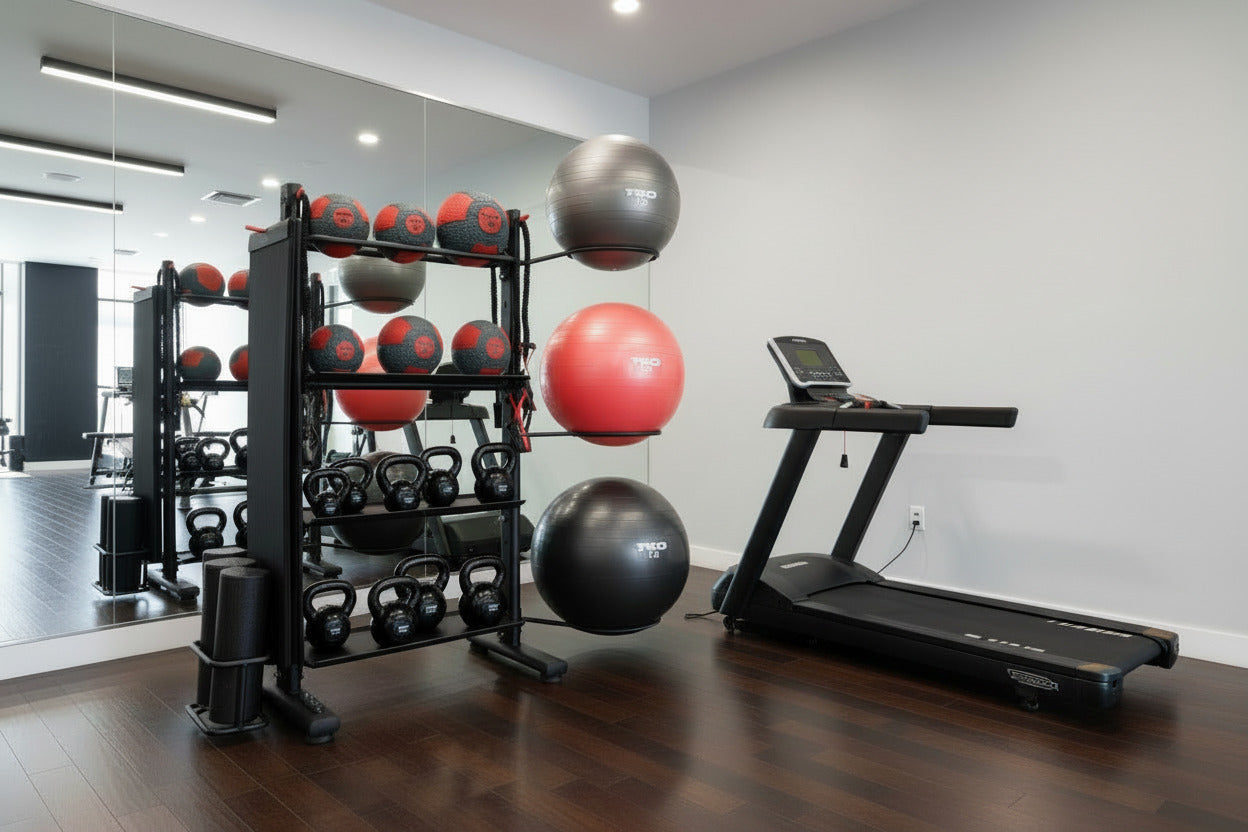 Gym room with TKO exercise balls, kettlebells, and a treadmill.