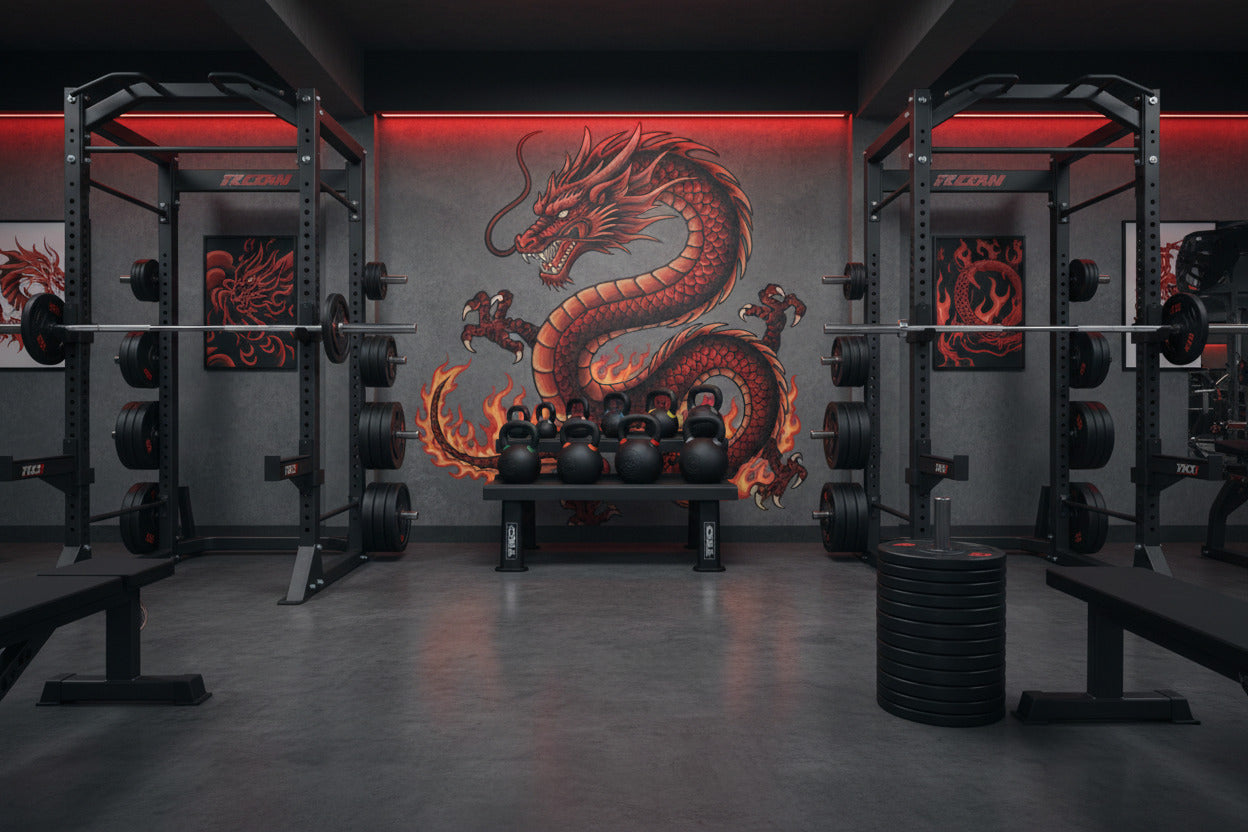 TKO Kettlebells Gym interior with weightlifting equipment and a dragon mural on the wall.