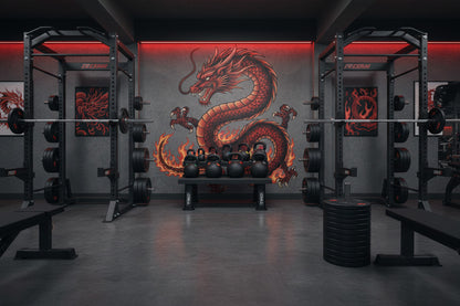 TKO Kettlebells Gym interior with weightlifting equipment and a dragon mural on the wall.