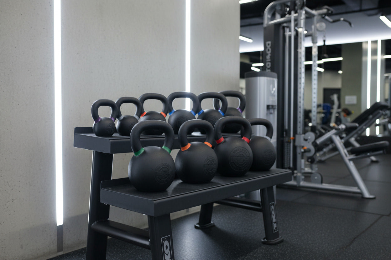 Set of TKO kettlebells on a black TKO rack in gym