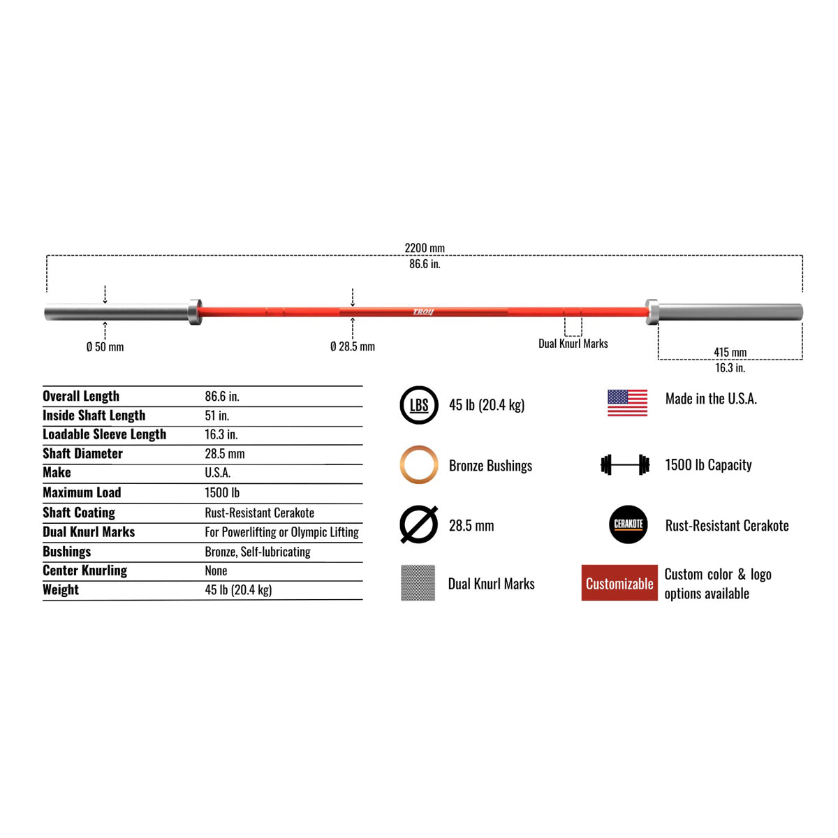 Troy Barbell Blackwing AOB-1500C Cerakote Bar Specification.