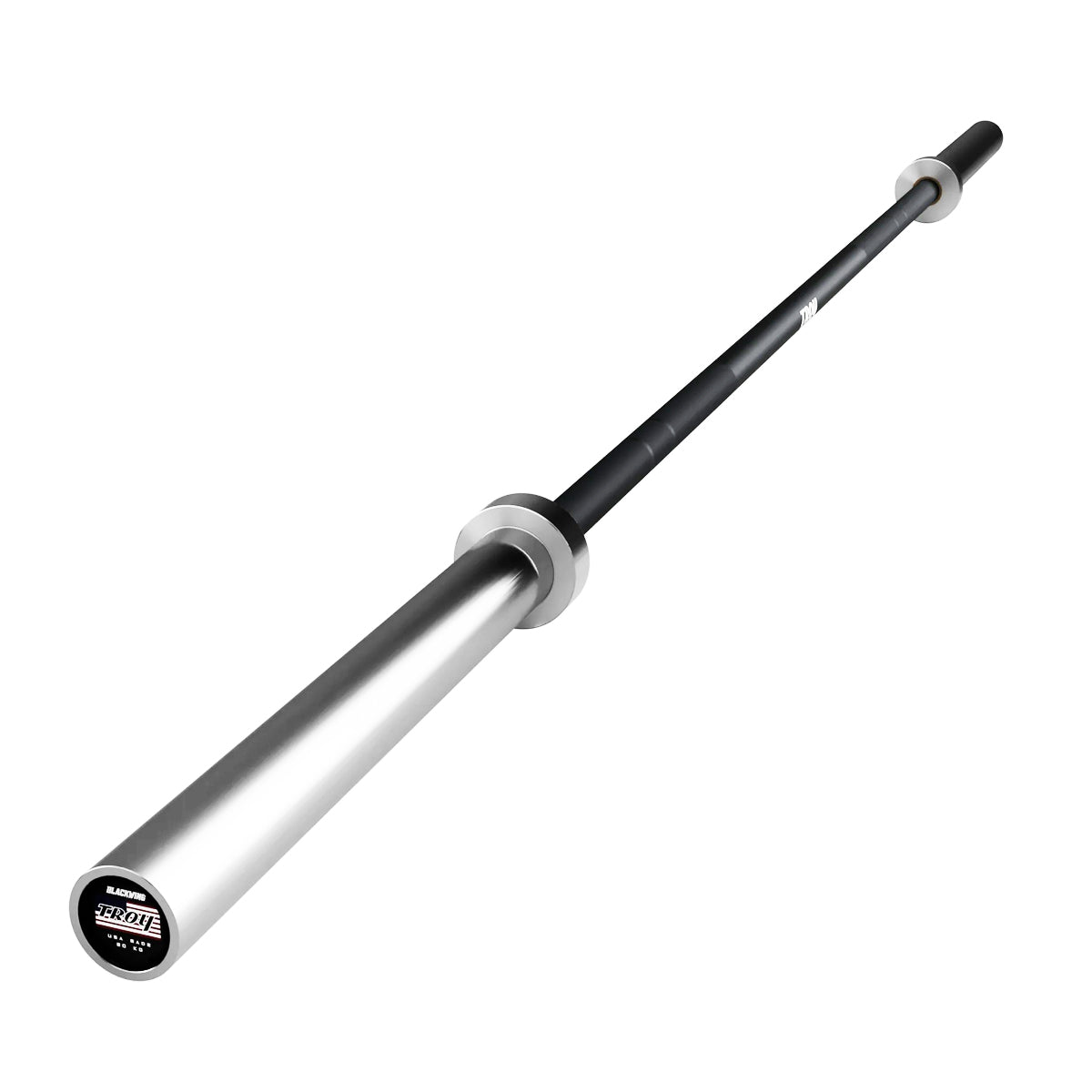 Troy Barbell AOB-1500T Blackwing Olympic Bar - Made In USA angled view.