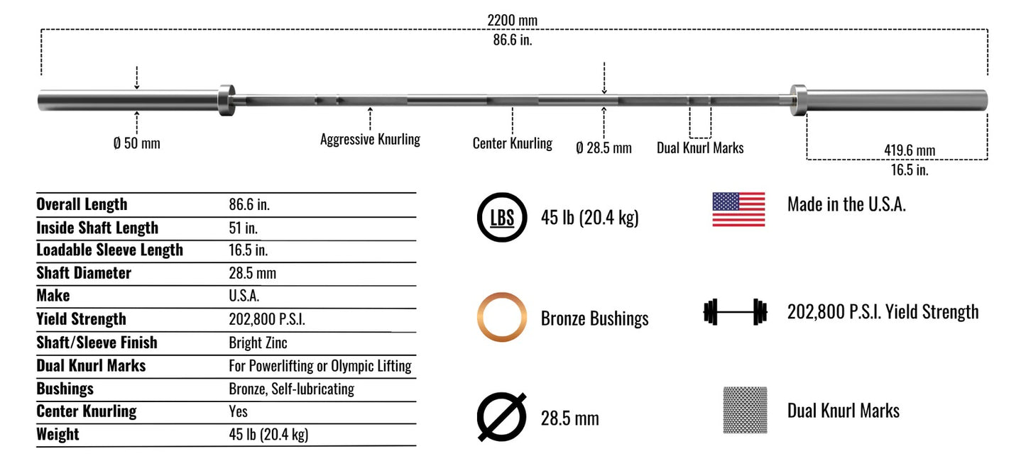 Troy Barbell Power Bar AOB-2000T specifications.