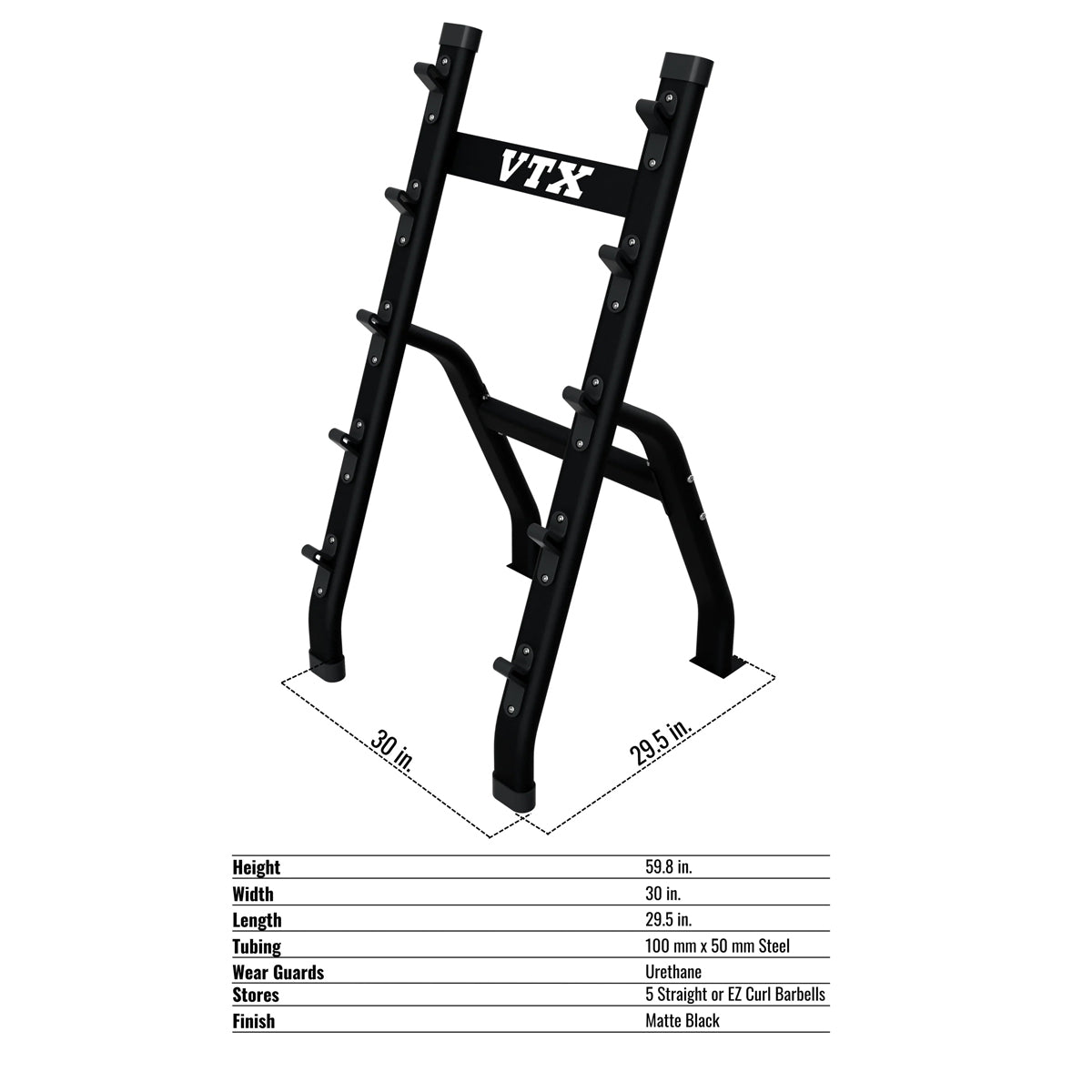 Troy Barbell VTX BB-5 Black Barbell Half Rack specifications.