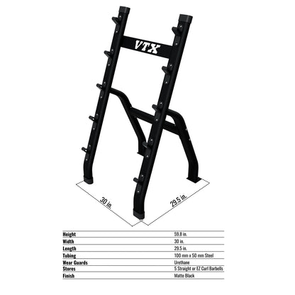 Troy Barbell VTX BB-5 Black Barbell Half Rack specifications.