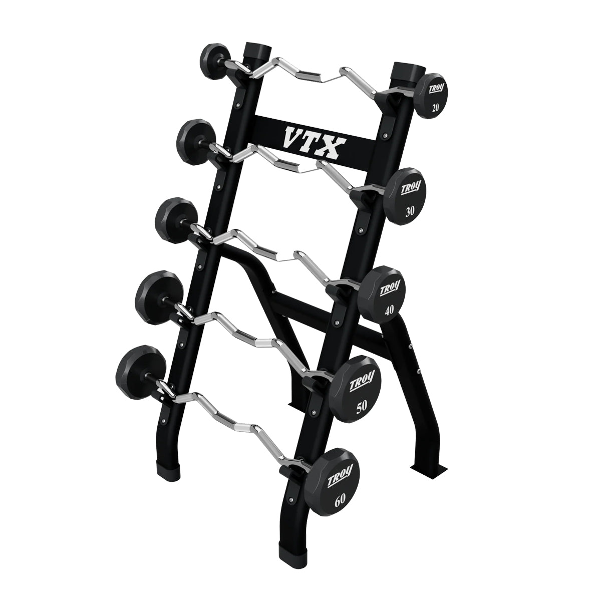 Troy Barbell VTX BB-5 Black Barbell Half Rack with Urethane EZ Curl Bars.