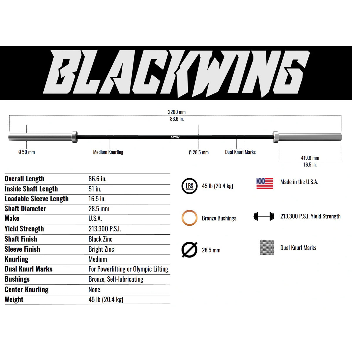 Troy Barbell AOB-1500T Blackwing Olympic Bar specifications.