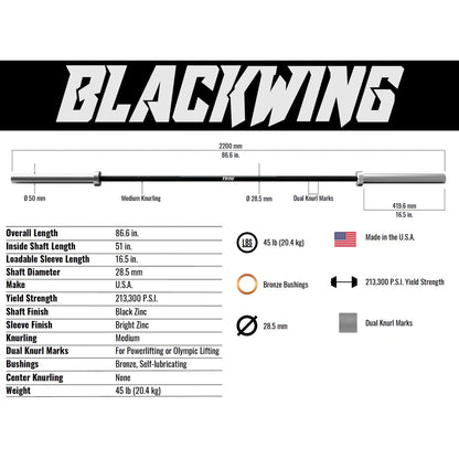 Troy Barbell AOB-1500T Blackwing Olympic Bar specifications.