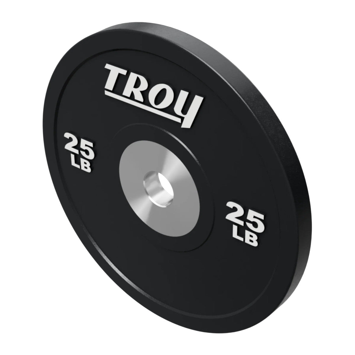 Troy Barbell BPO-025SBP Premium Black Rubber Bumper Plates on white background